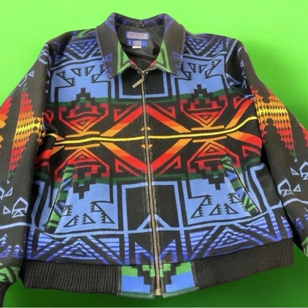 Vintage Pendleton Wool Bomber‎ Jacket Native Tribal Aztec USA Made Large